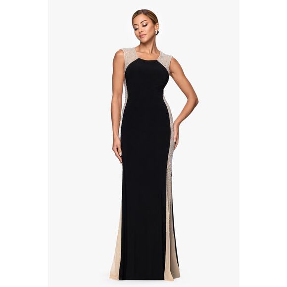 Xscape Size 14 Black Nude Madison Caviar Beaded Maxi Dress Party Evening G1-4 - Picture 1 of 9